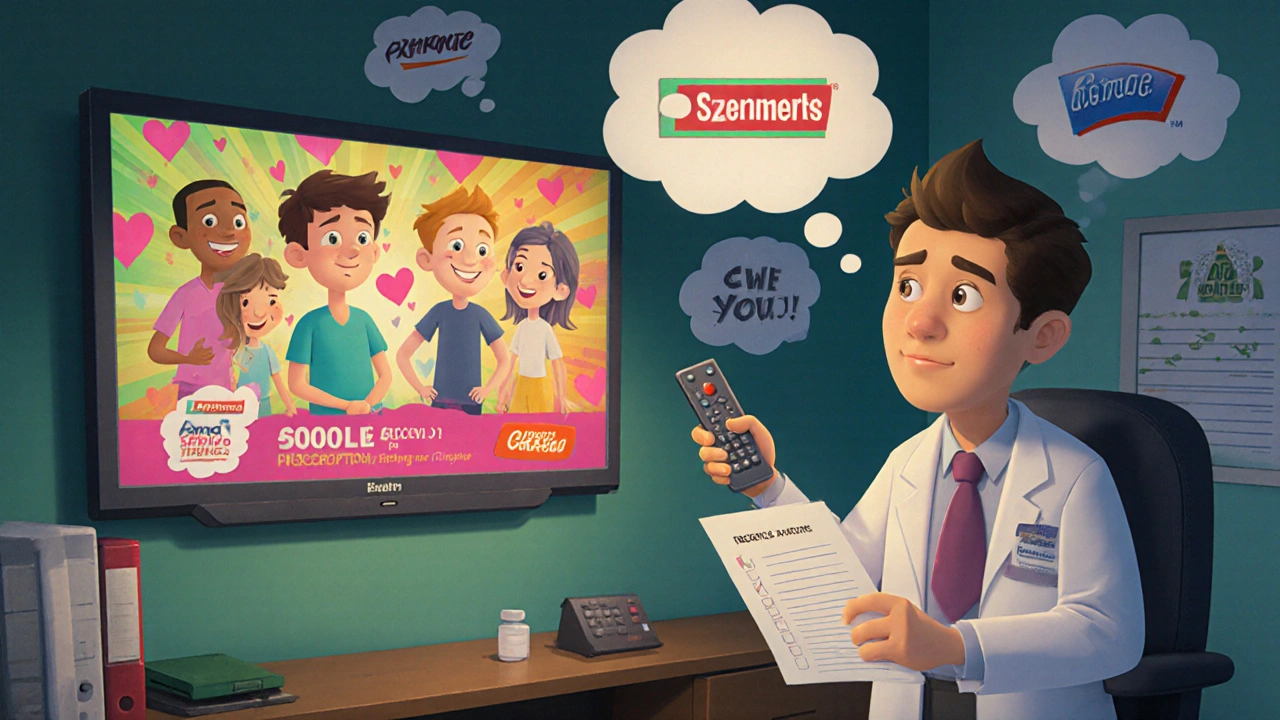A patient in a doctor&#039;s office holding a TV remote showing a drug ad, with branded and generic prescription options.
