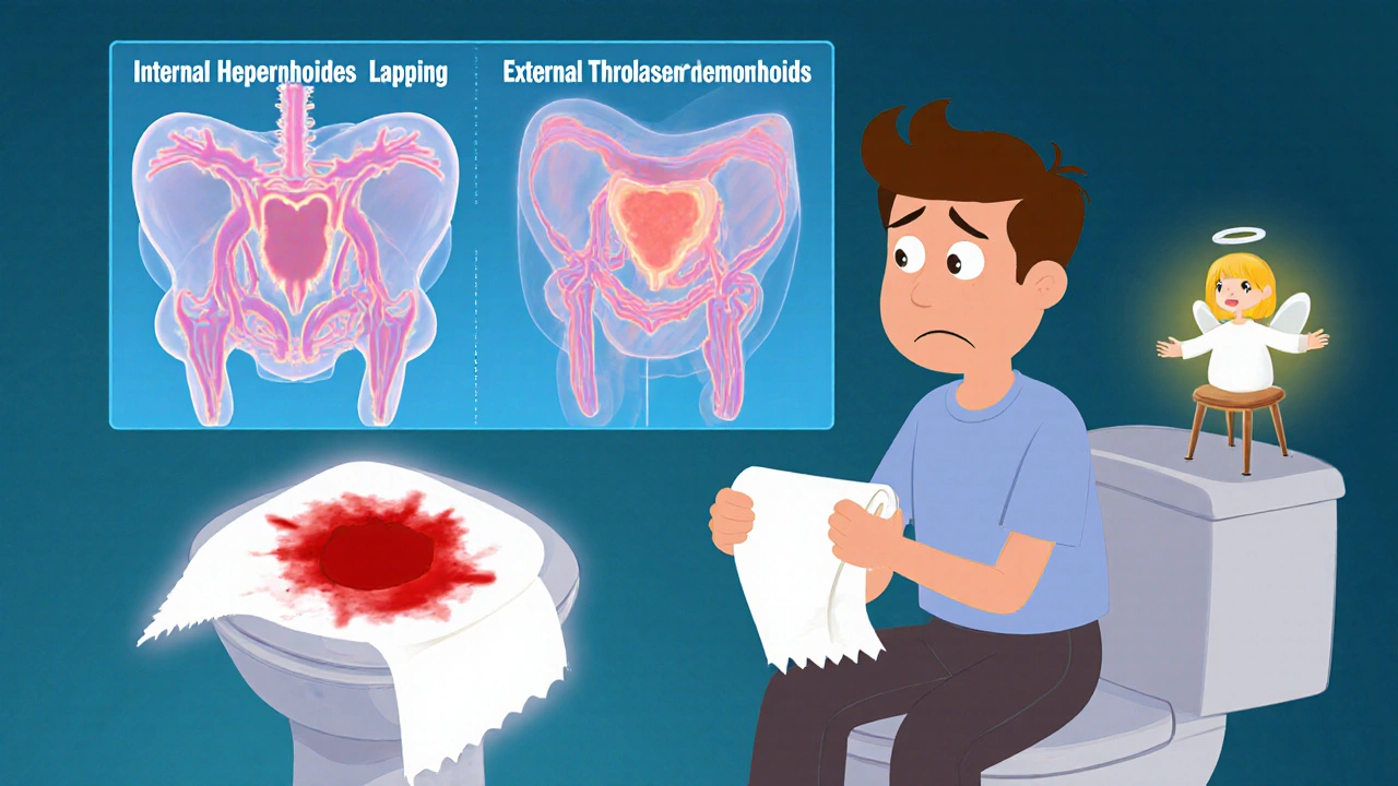 A person on a toilet with a medical diagram showing hemorrhoids above them, illuminated by a glowing footstool.