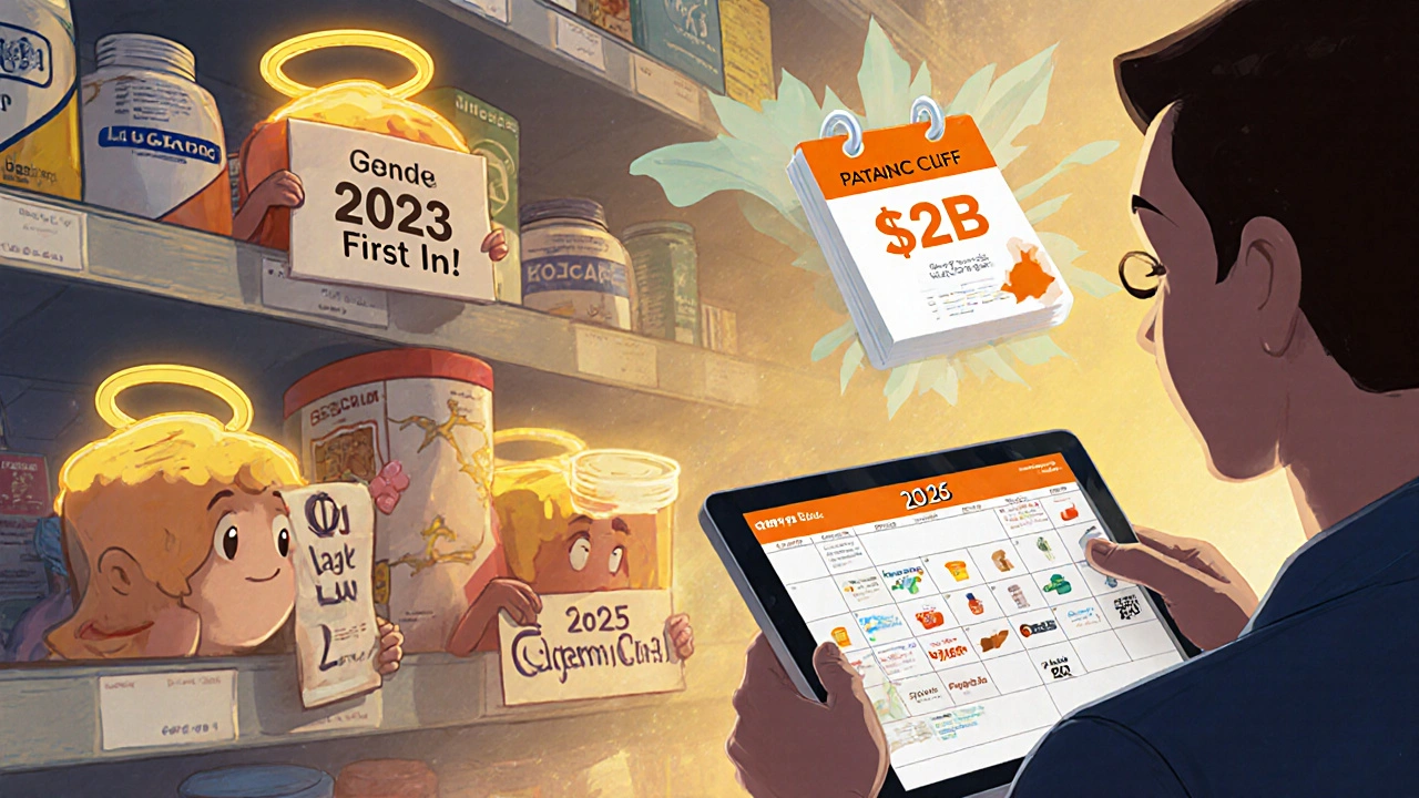 A pharmacy shelf with glowing brand-name drugs and timid generics, a massive &#039;PATENT CLIFF&#039; in the background with B falling away.