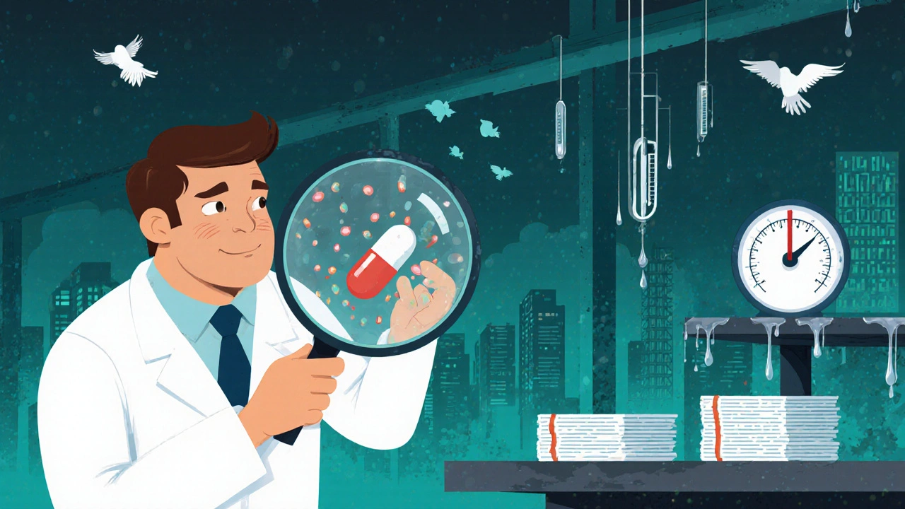 A scientist examining a pill under magnification as heat rises in a humid warehouse.