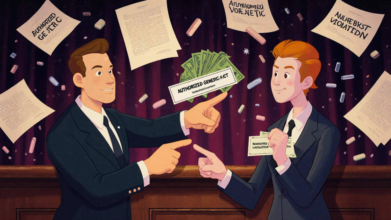 A secret handshake between a drug executive and generic maker involves an authorized generic label, shown in a courtroom scene.