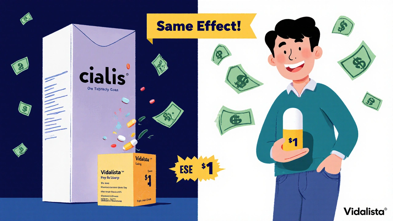 A small Vidalista pill beside a large Cialis box, with money flowing from the box to the man.