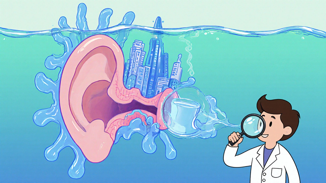 A stylized inner ear with fluid pressure being calmed by a hero guiding clean water.