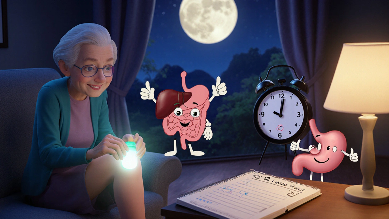 An elderly person applying topical pain gel at night, with friendly organs and a pain log nearby.