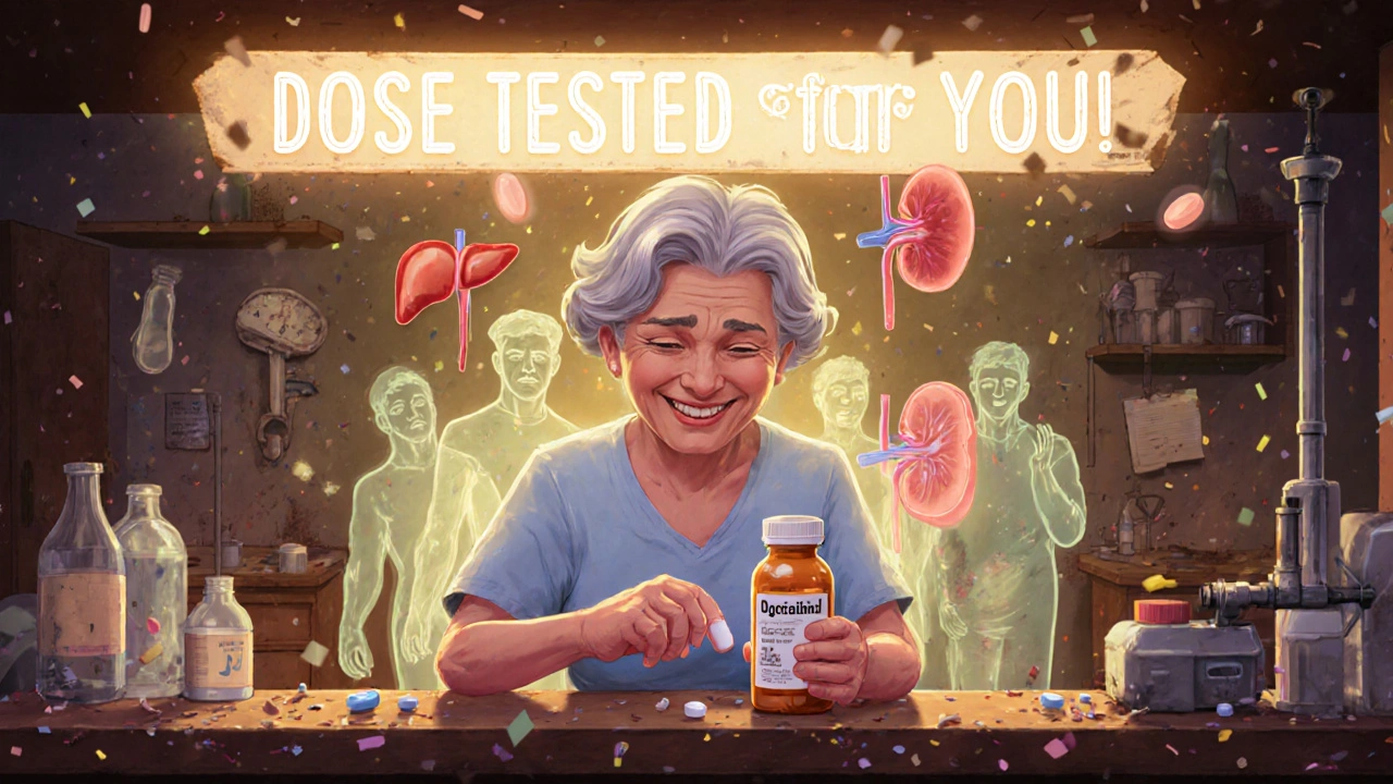 An older woman picking up a generic pill as ghostly young male figures fade away, with glowing health icons around her.
