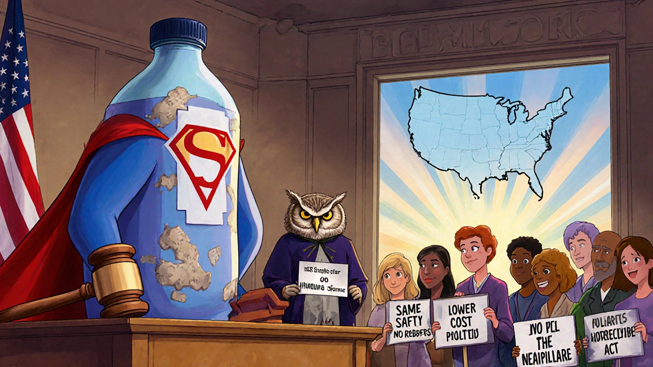 Biosimilar superhero on trial against a money-covered Humira monster in a courtroom judged by an owl in CMS robes.