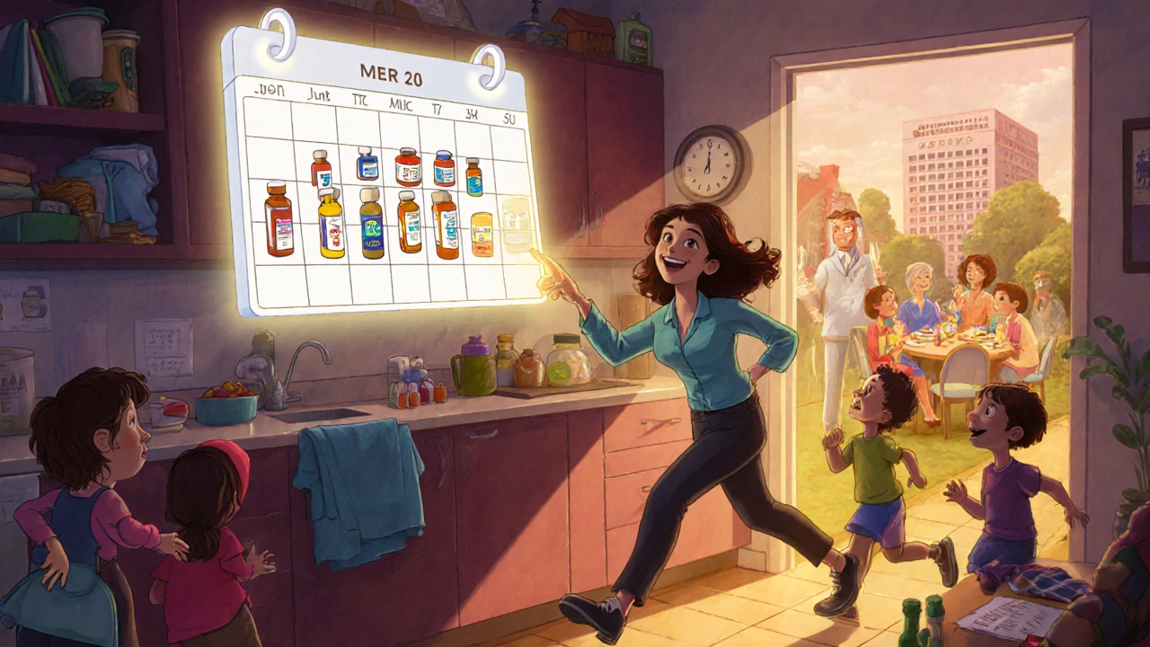 Busy mother sees a glowing calendar syncing her medications above her kitchen counter, with a pharmacist guiding her.