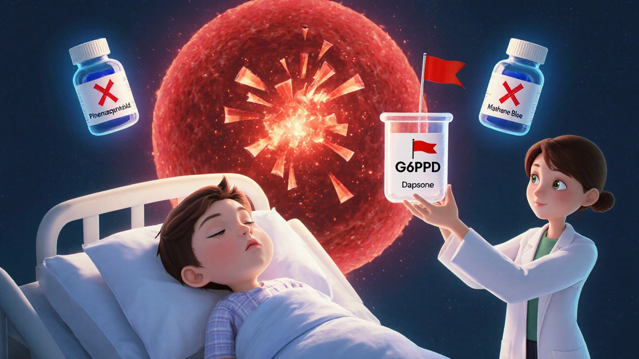 Child in hospital with exploding red blood cell and dangerous medications marked with X&#039;s.