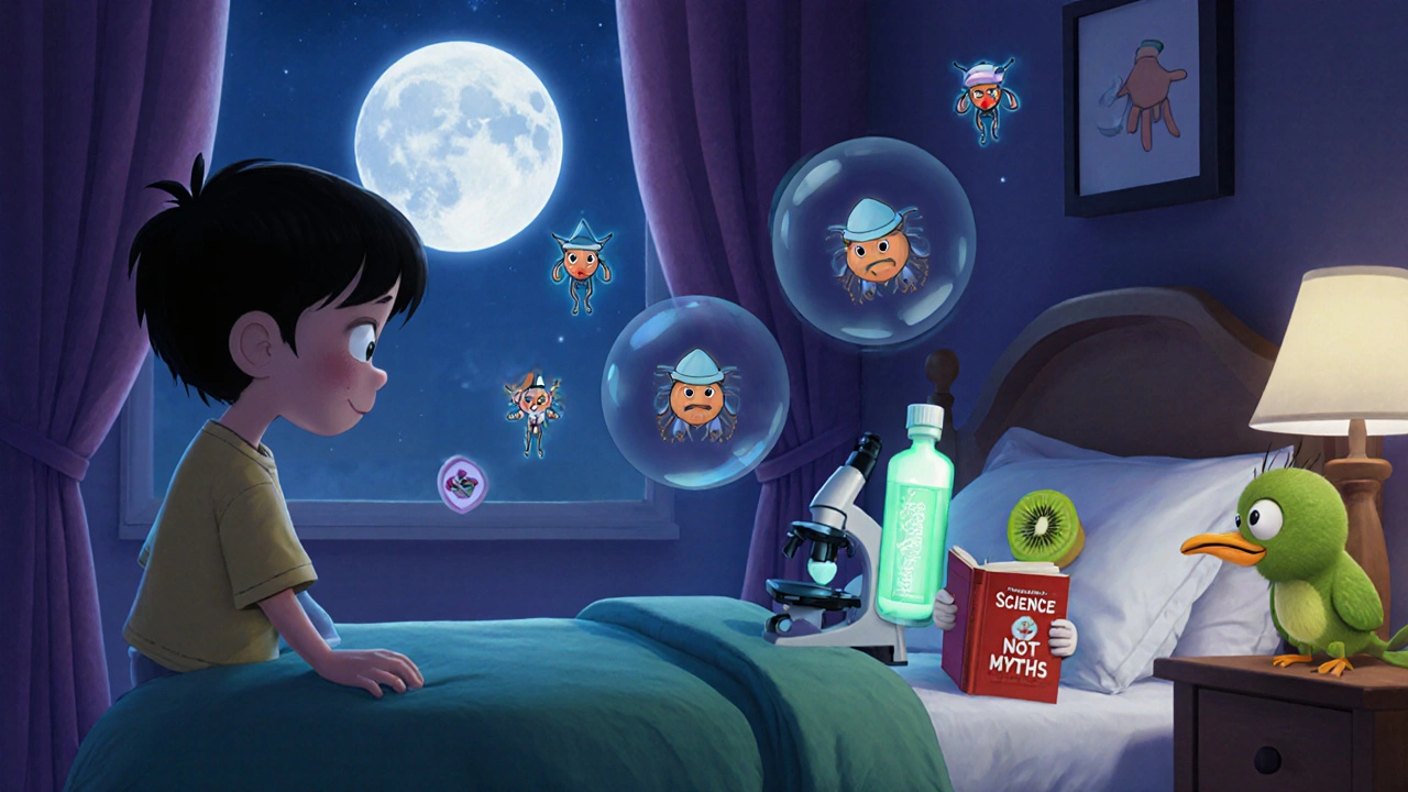 Child seeing cartoon scabies mites in mirror while medical treatments glow on nightstand