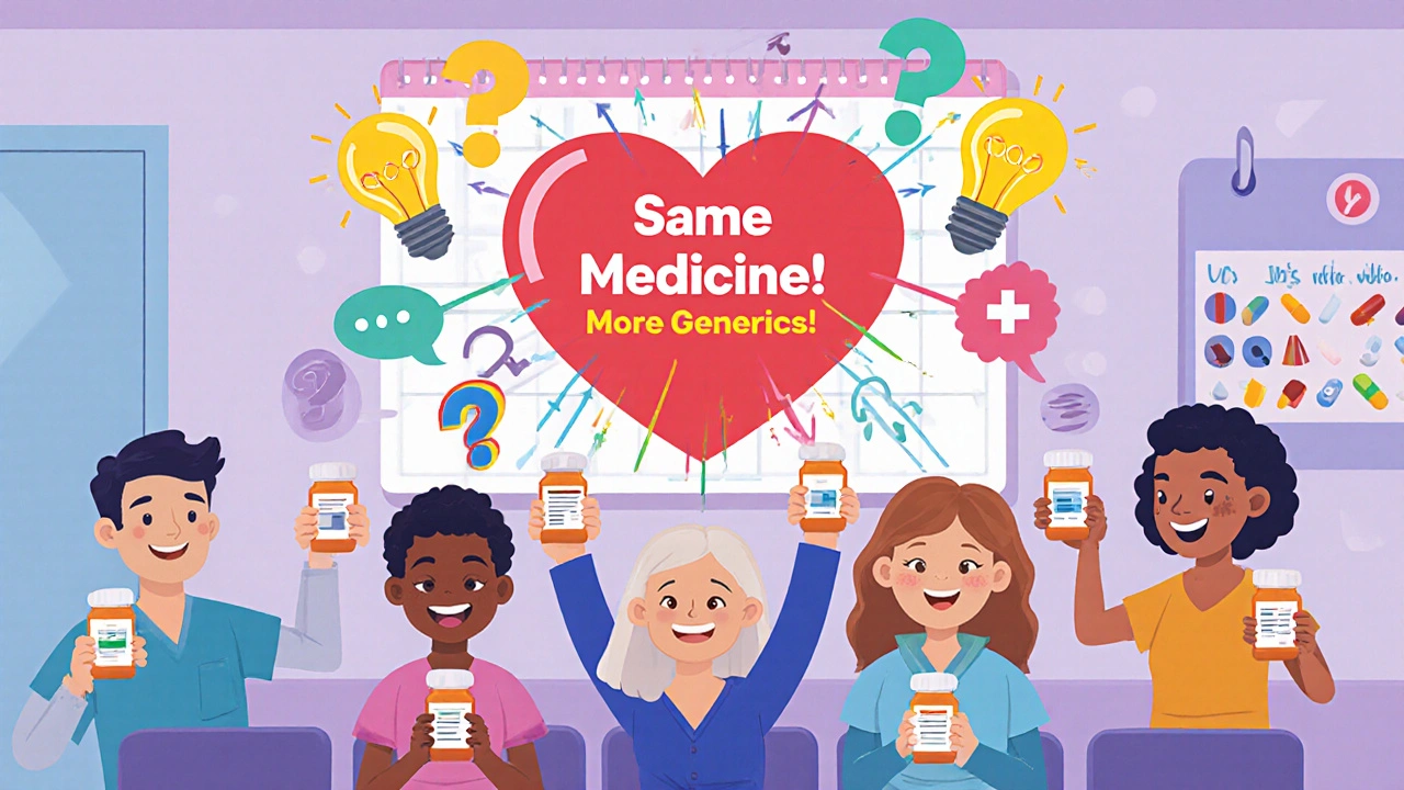 Diverse patients smiling as glowing arrows connect their different-looking pills to a heart labeled &#039;Same Medicine!&#039;