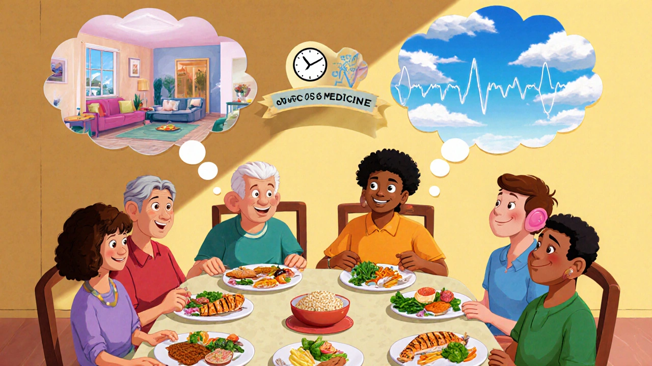 Diverse people eating healthy meals with thought bubbles showing reduced vertigo and tinnitus.