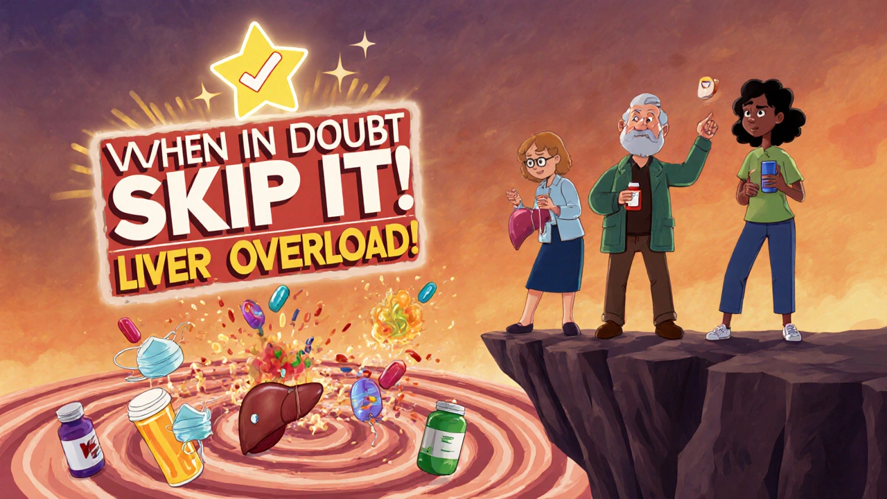 Diverse people on a cliff above a swirling liver overload vortex, with pills and drinks colliding in danger explosions, under a &#039;Skip It&#039; sign.