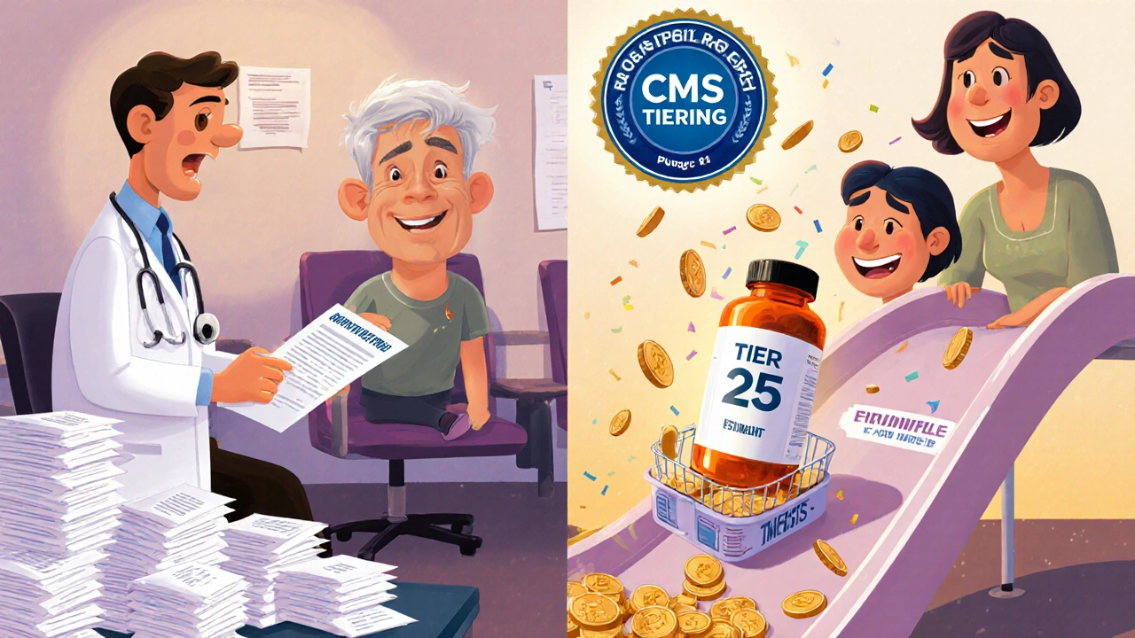 Doctor filling out paperwork while patient waits in pain; on the other side, a biosimilar slides to a lower cost tier.