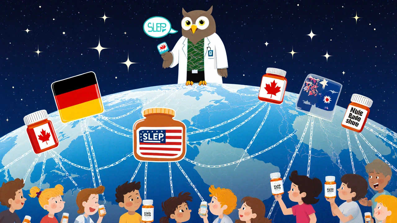 Global map with light beams connecting countries, owl in lab coat holding extended-expiry pill.