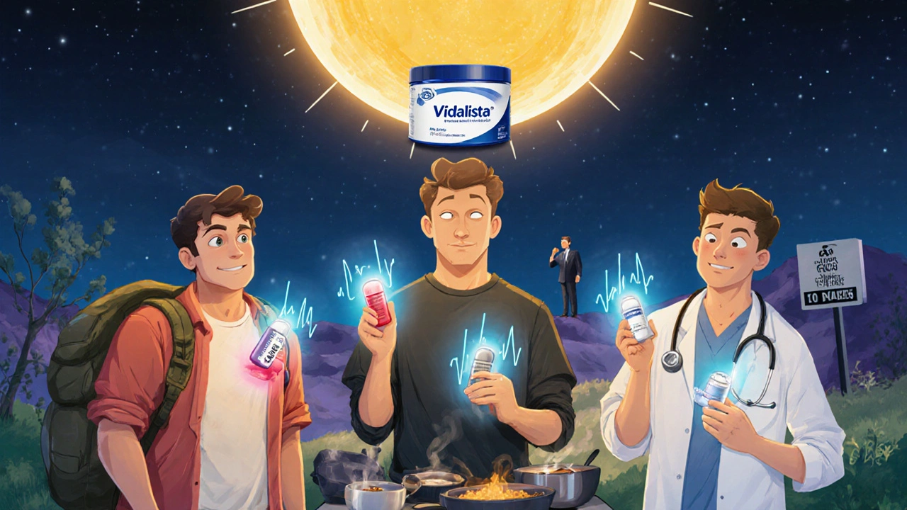 Multiple men with different ED pills, while Vidalista shines above them like a sun.