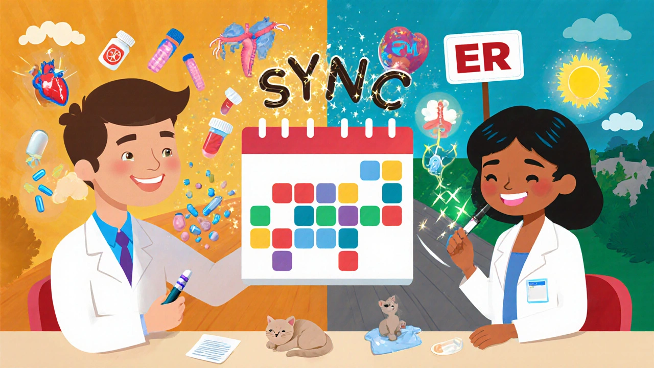 Patient and pharmacist sit beside a calendar-bridge connecting chaos to calm, with glowing health icons around them.