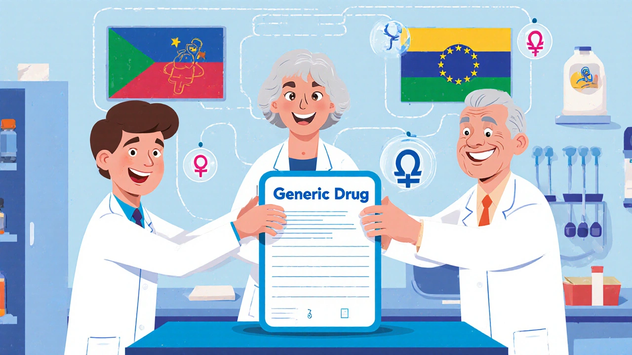 Scientists replacing a young male subject with older adults in a lab, with regulatory icons transforming into balanced symbols.