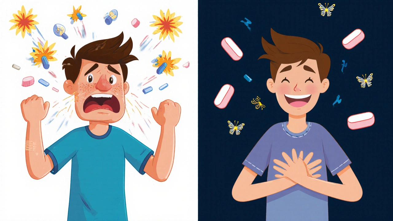 Split image showing a hyperthyroid patient before and after beta-blocker treatment in DreamWorks style