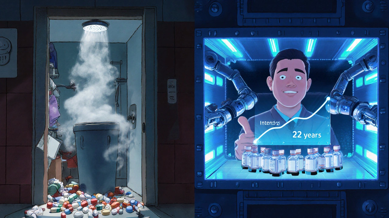 Split scene: messy bathroom trash vs. high-tech drug vault with holographic potency graph.