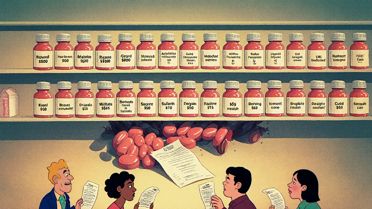 Three pill rows on a shelf show how authorized generics crush true generics, illustrated in DreamWorks cartoon style.