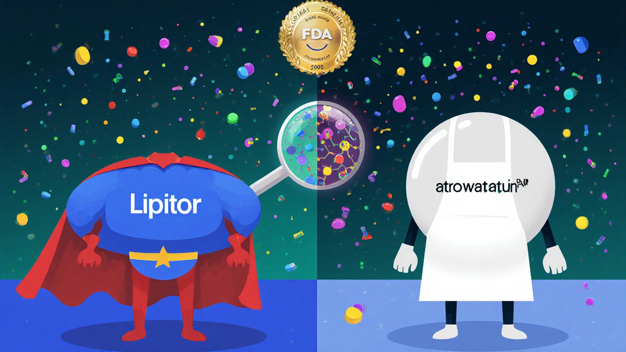 Two pills with different shapes and labels, each with a unique appearance, but identical molecules inside under a magnifying glass.