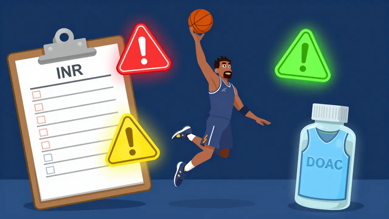 A basketball player surrounded by color-coded risk icons and medical symbols.