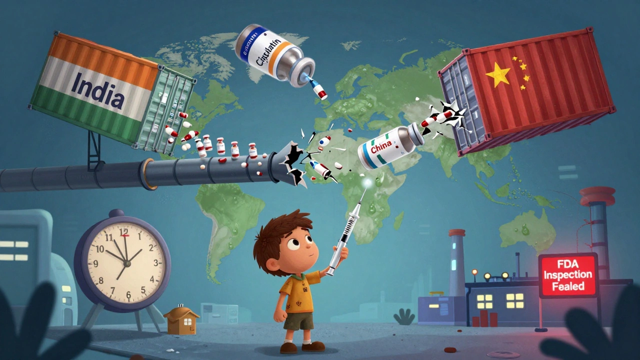 A broken global drug pipeline with vials falling from India and China while patients wait helplessly below.