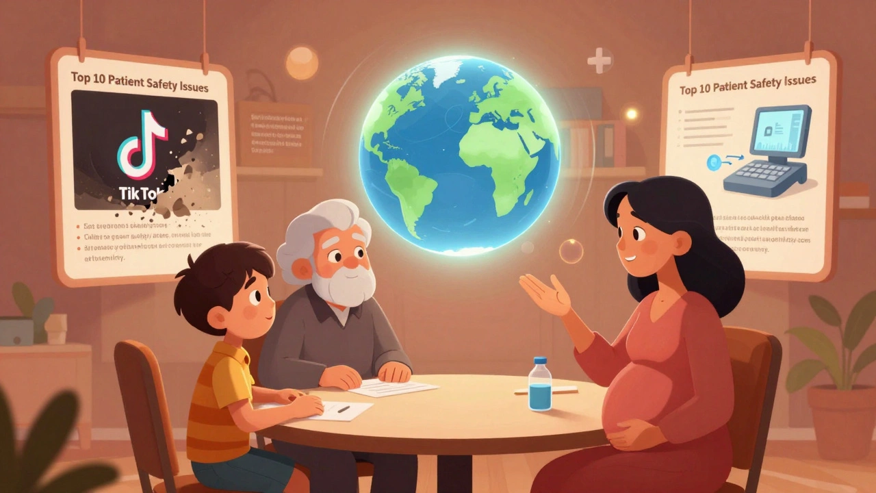 A child, elderly person, and pregnant woman at a table with floating safety infographics and a glowing globe.