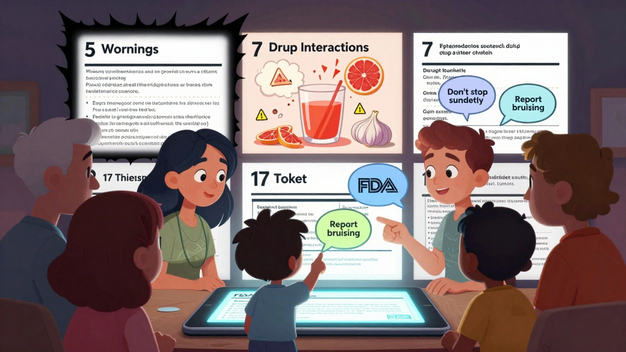A family explores an animated FDA drug label on a tablet, with warning icons and speech bubbles illustrating key safety info.