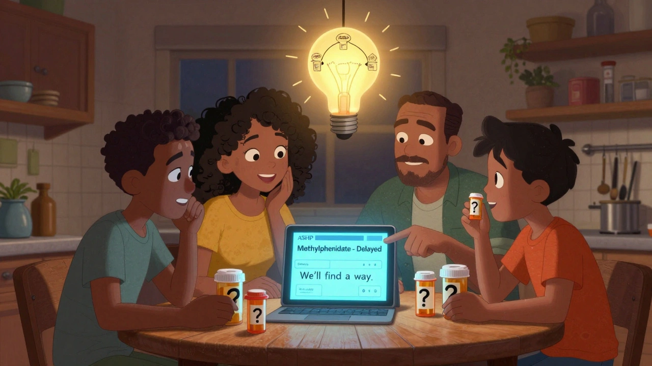 A family reviewing a drug shortage list on a tablet at home, seeking solutions together in the night.