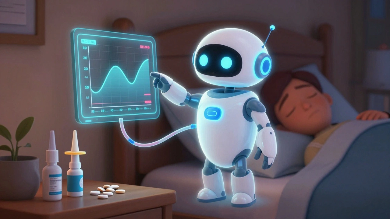 A glowing insulin system monitors sleep, stabilizing blood sugar as glucagon and glucose tablets sit ready on the nightstand.