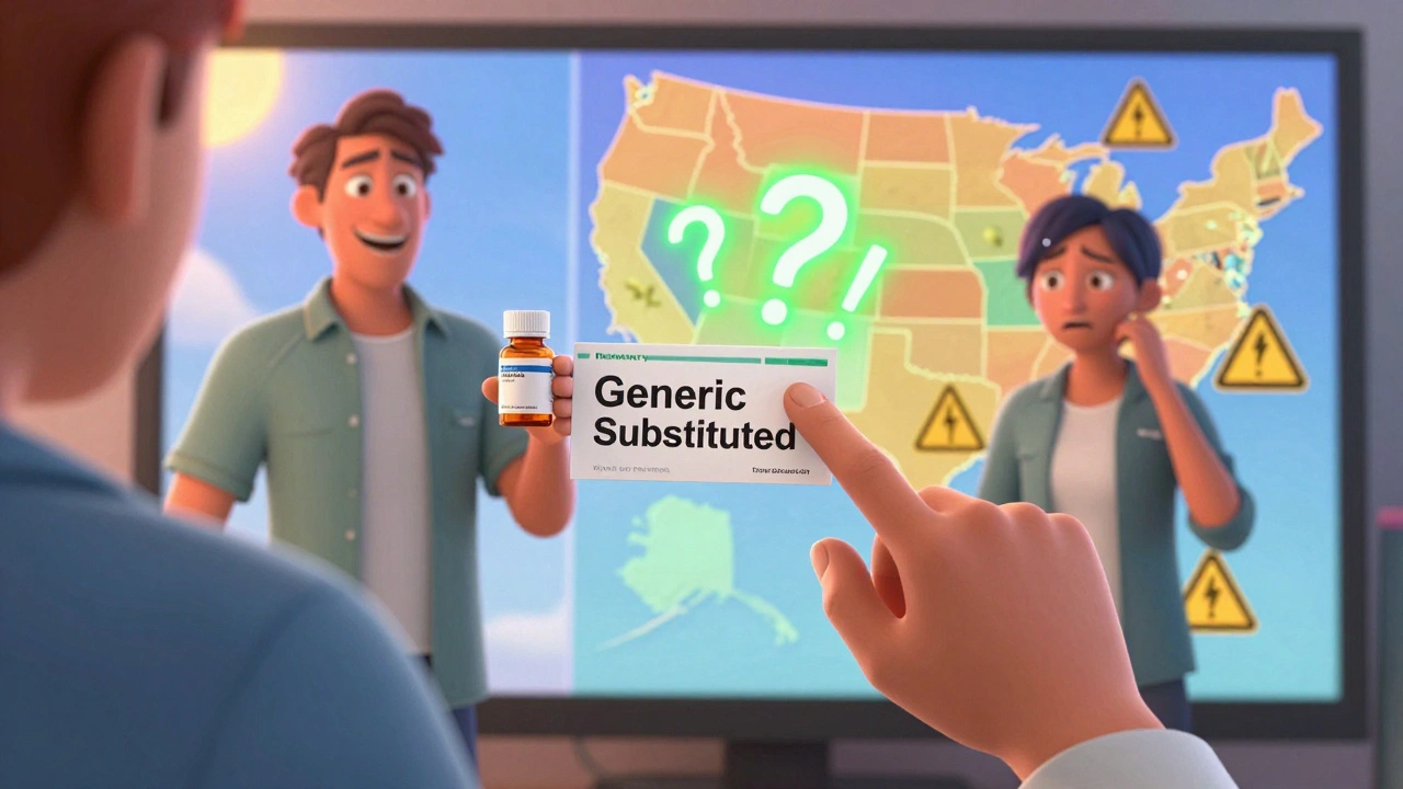 A hand pointing at a pharmacy label with floating question marks, showing two contrasting outcomes of drug substitution.