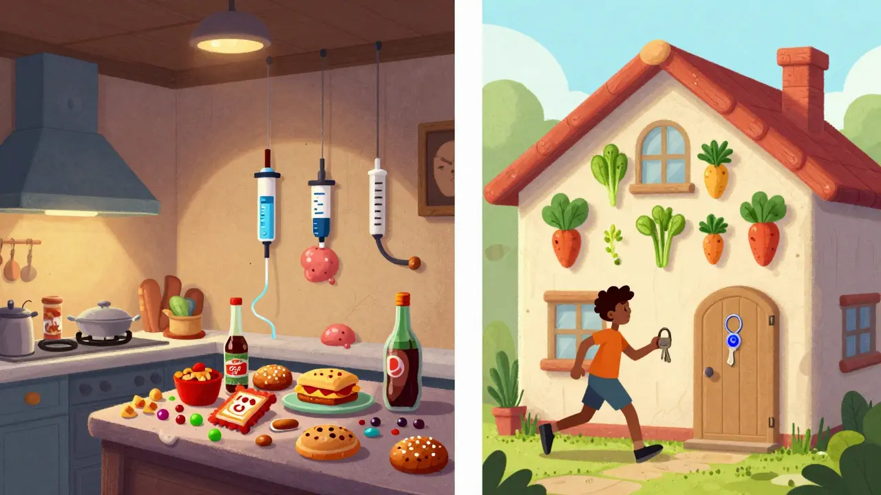 A house metaphor showing a cluttered, unhealthy body vs. a clean, active one with vegetables and walking figures.