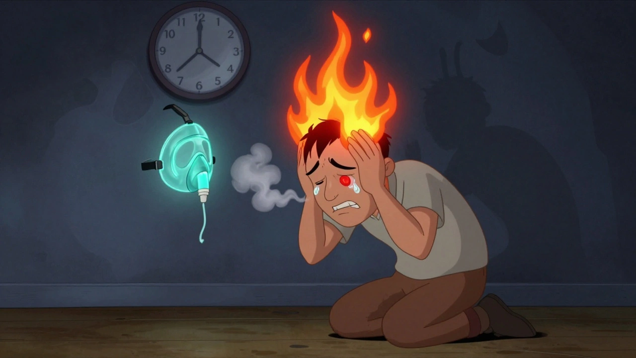 A man in agony with a fiery cluster headache, red eye, and hovering oxygen mask at 2 a.m.