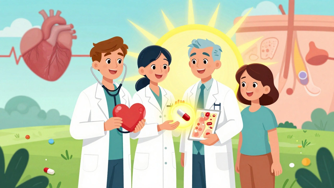 A medical team replaces a harmful pill with safer alternatives, symbolizing balanced heart and skin health.
