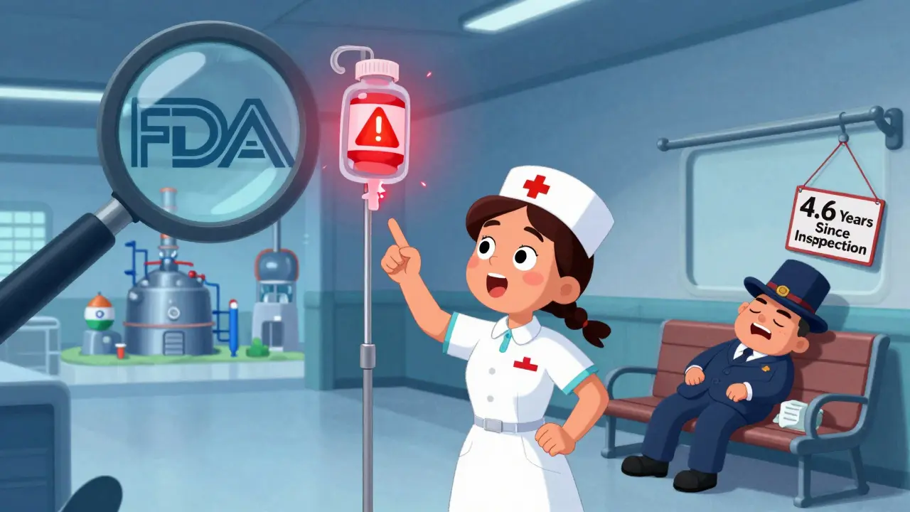 A nurse points at a dangerous IV bag while an inspector sleeps nearby, with a mislabeled bottle glowing red above.