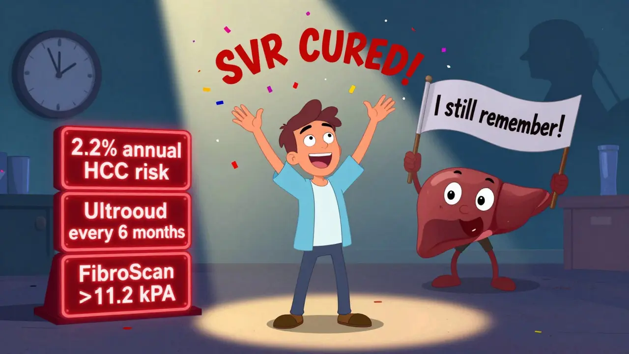 A patient celebrating their hepatitis C cure, suddenly surrounded by warning signs about ongoing liver cancer risk.