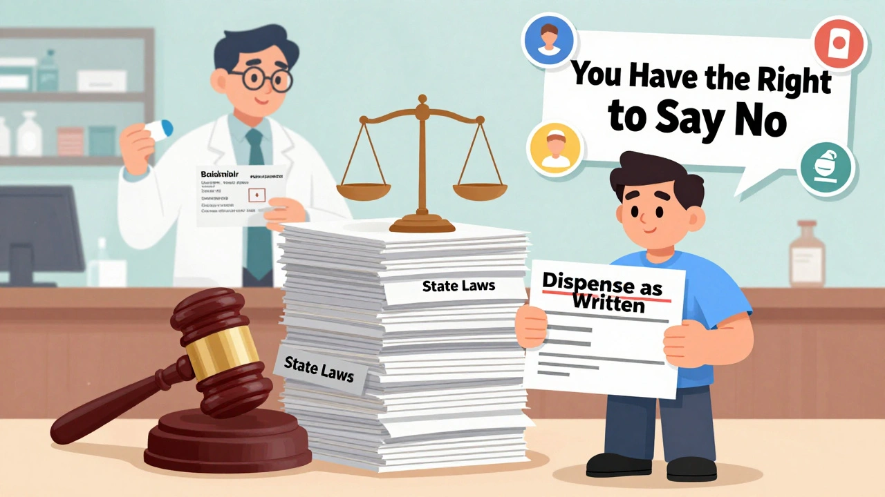 A patient holding a prescription that says &#039;Dispense as Written&#039; beside legal documents shaped like courtroom scales.