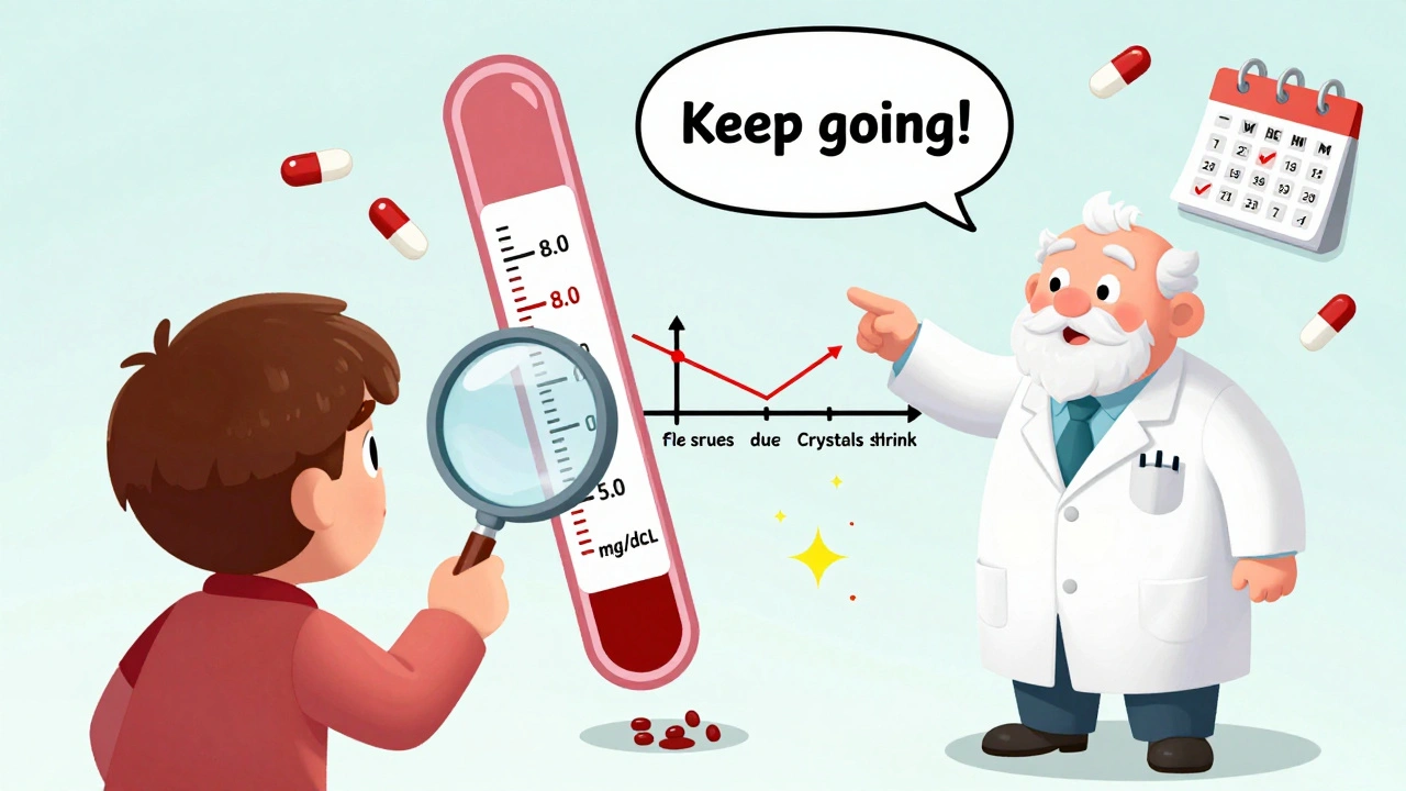 A patient watching their blood urate level drop from 8.0 to 5.0 mg/dL with tophi melting away, guided by a doctor and colchicine pills.