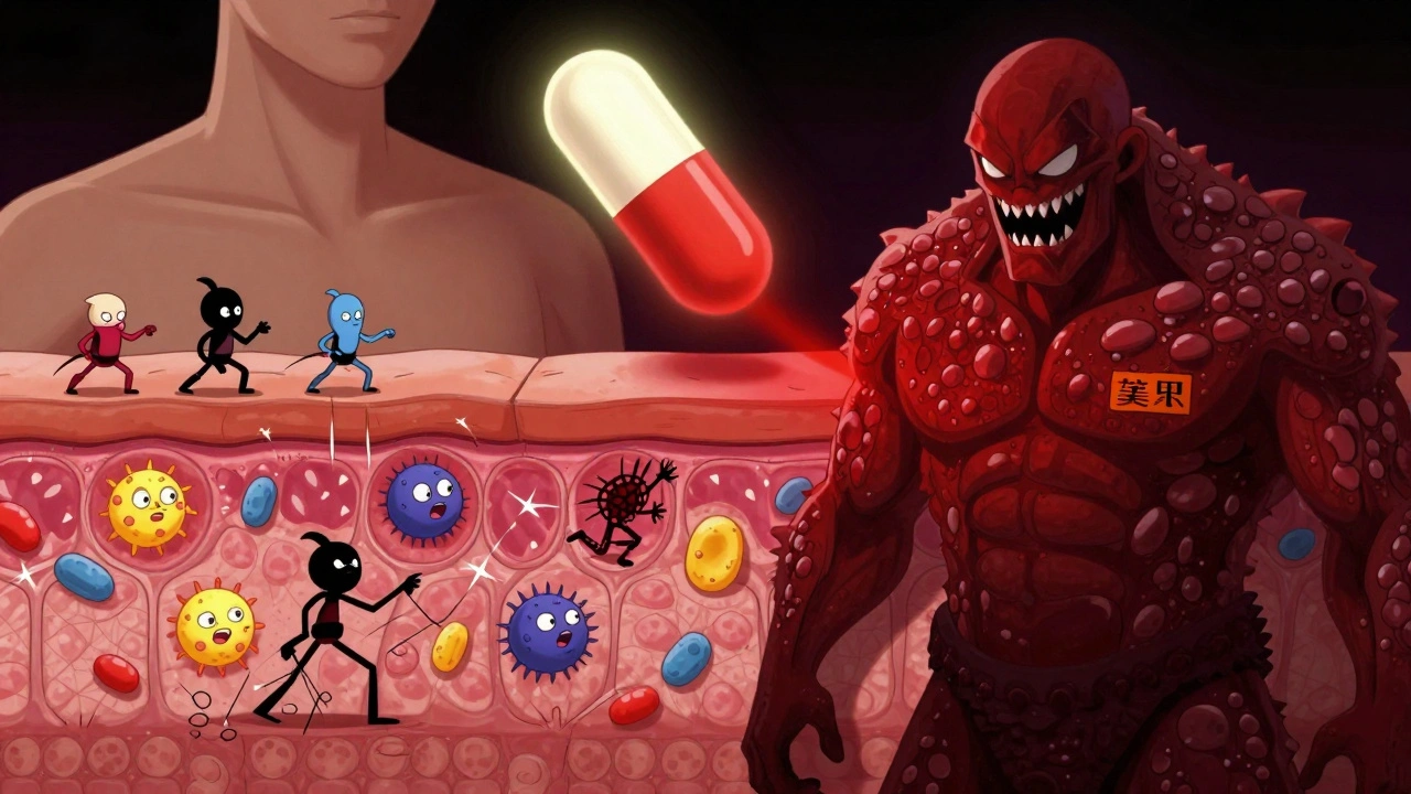 A person&#039;s body splits between healthy skin and severe psoriasis, with a villainous pill casting a shadow.