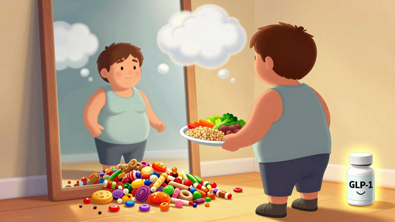 A person sees their body gaining weight while choosing healthy foods over sugary snacks, with insulin and GLP-1 meds nearby.