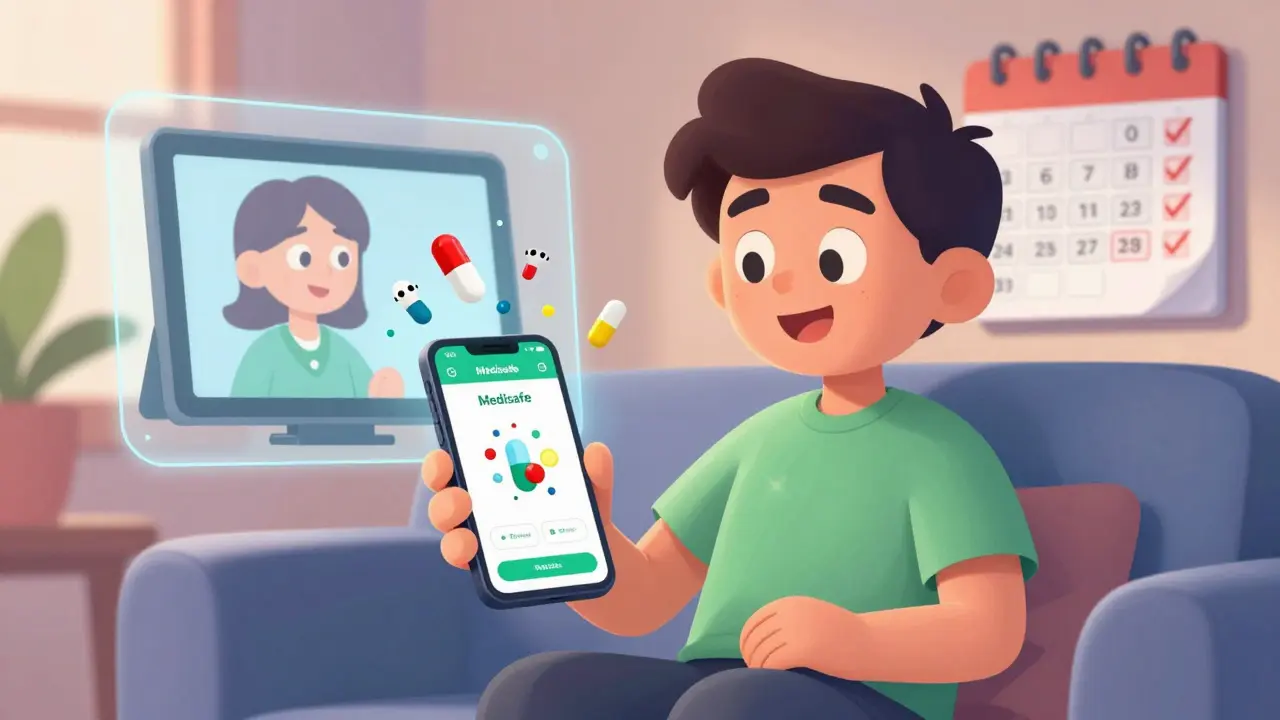 A person using a medication app with animated pills and a remote caregiver watching on a tablet.