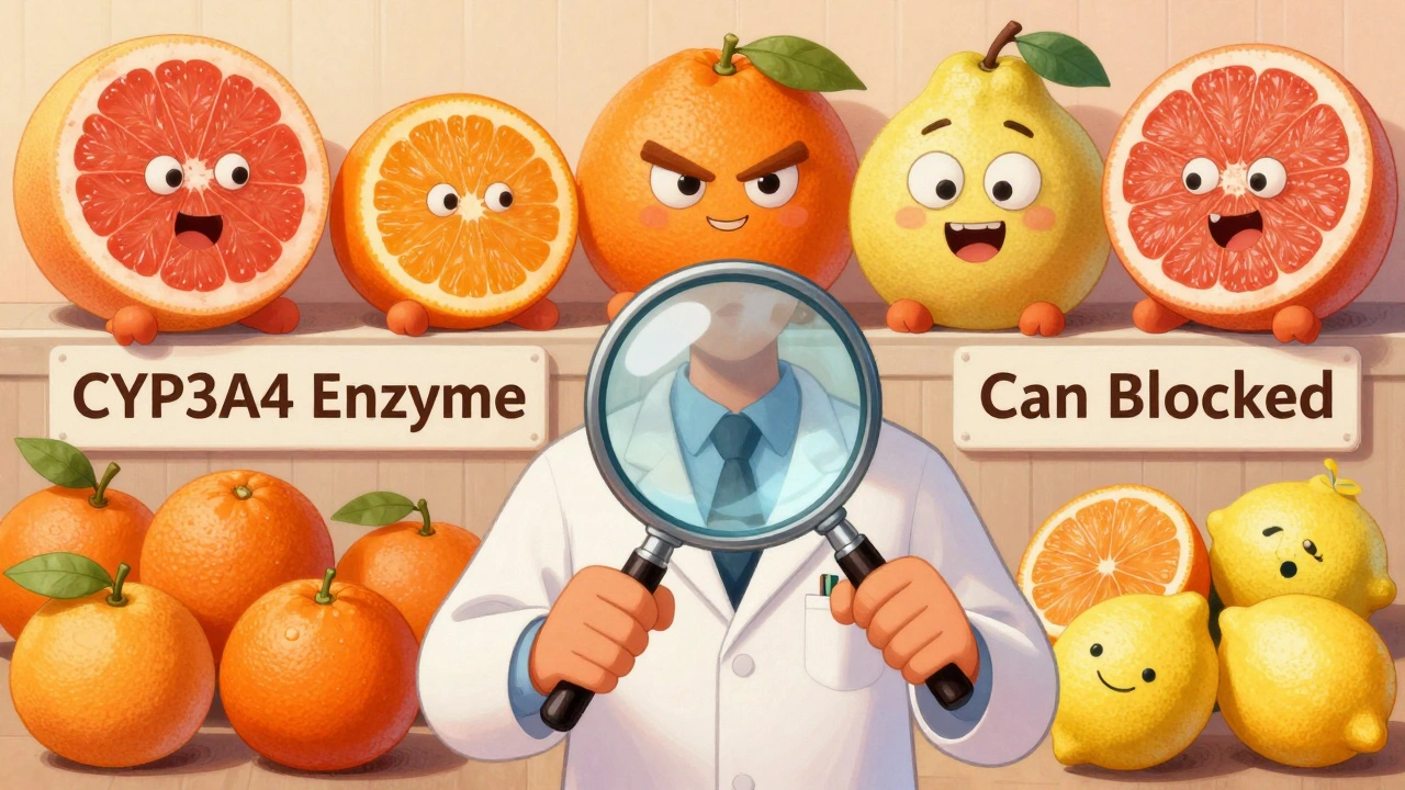 A pharmacist uses a magnifying glass to show dangerous citrus fruits blocking a key enzyme.