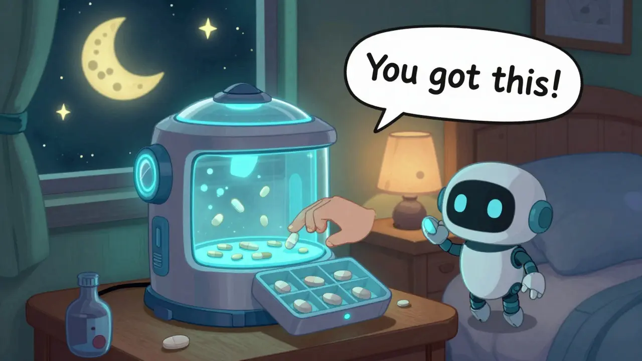 A smart pill dispenser glowing in a bedroom with a friendly robot assistant hovering nearby.