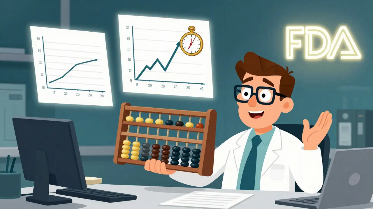 A statistician using a patient-year abacus, comparing simple and adjusted risk graphs with floating clocks and FDA seal in background.