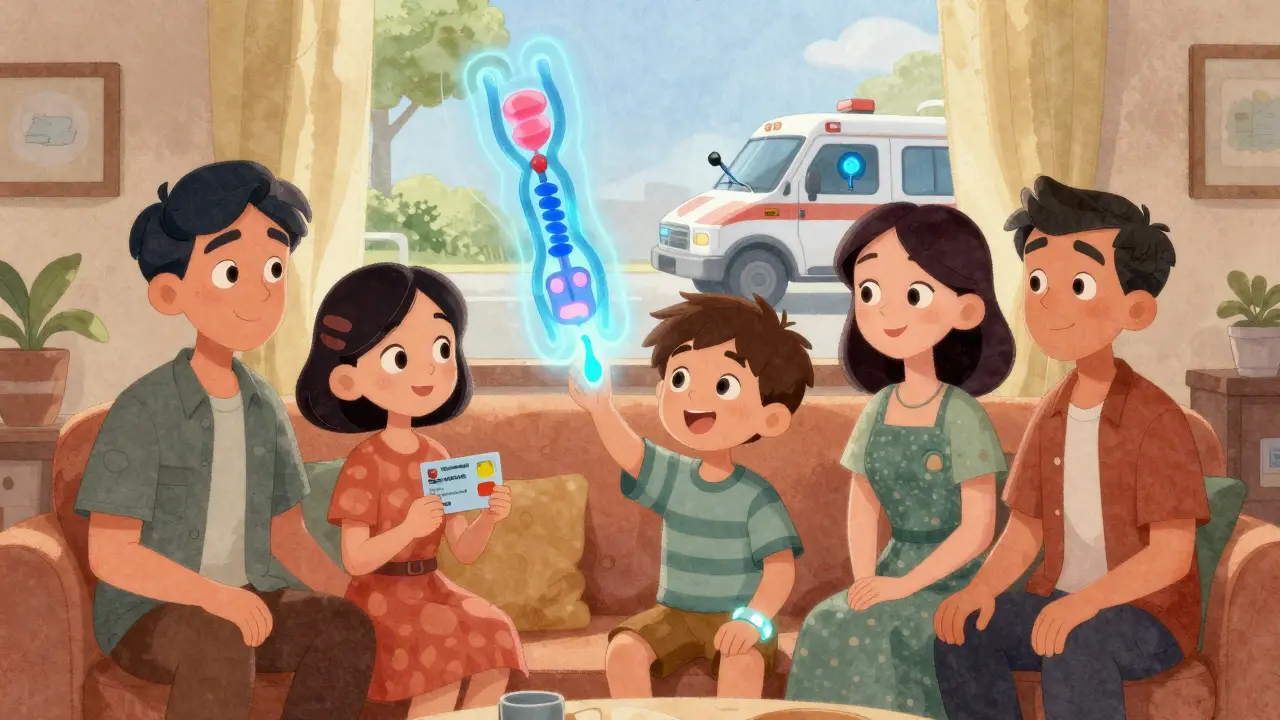 A teen with a medical alert bracelet and a holographic gene animation, family holding safe anesthesia info, futuristic ambulance outside.