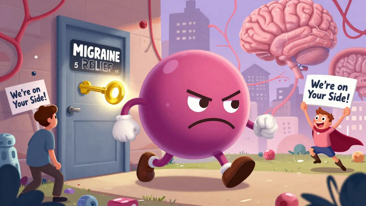 A tiny triptan hero unlocks a migraine relief door using a serotonin receptor key, while SSRIs cheer from the side.