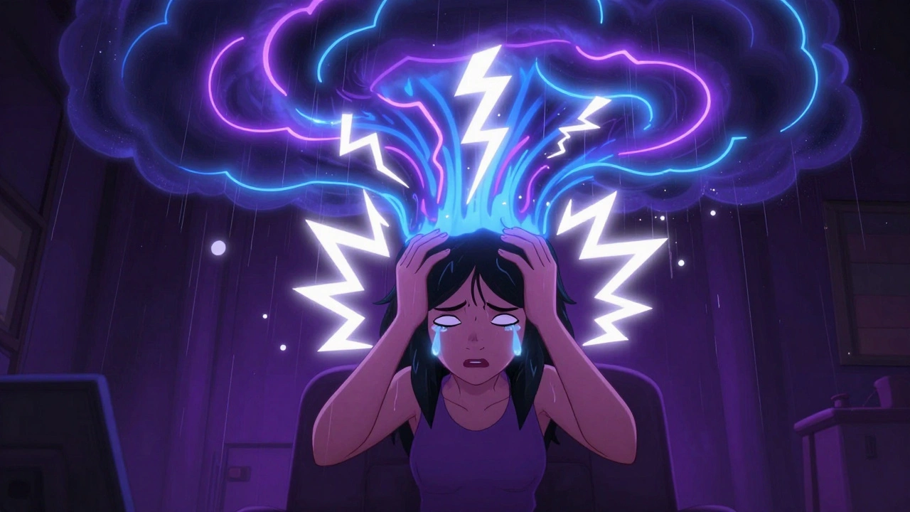 A woman in a dark room overwhelmed by a swirling migraine storm with lightning and aura patterns.