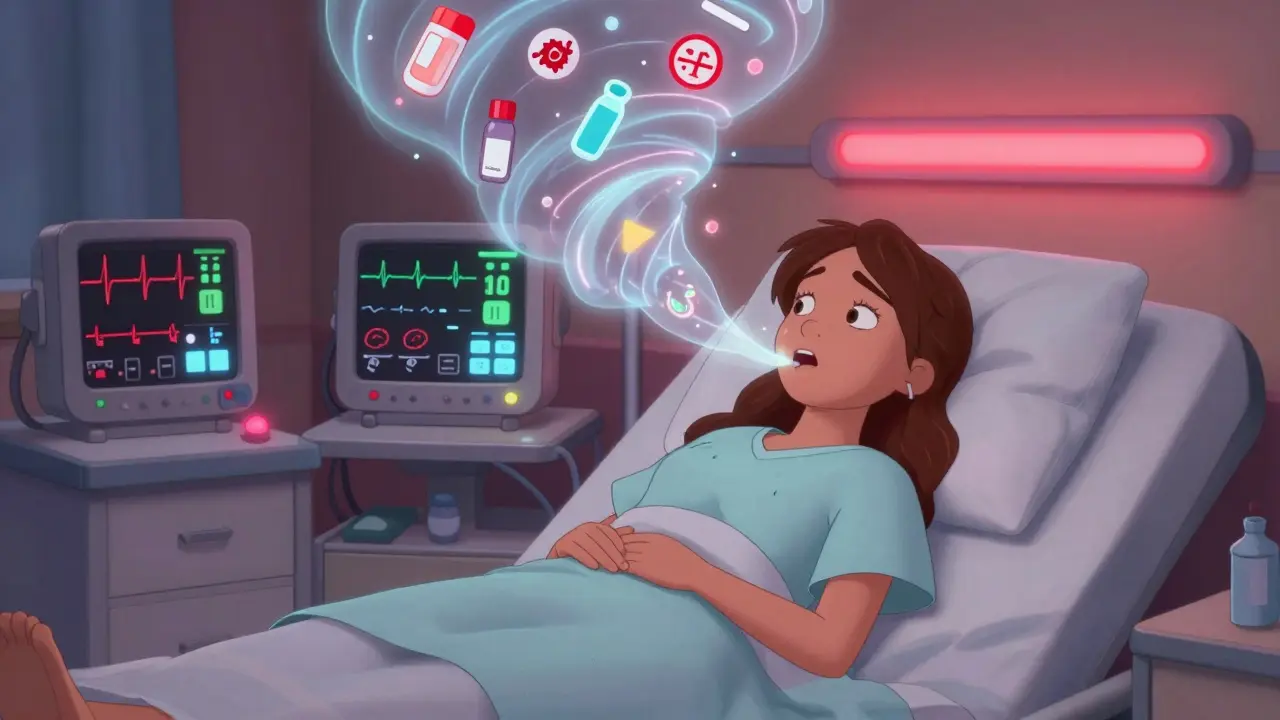 A young woman in a hospital bed with medical monitors and swirling symbols of purging behaviors.