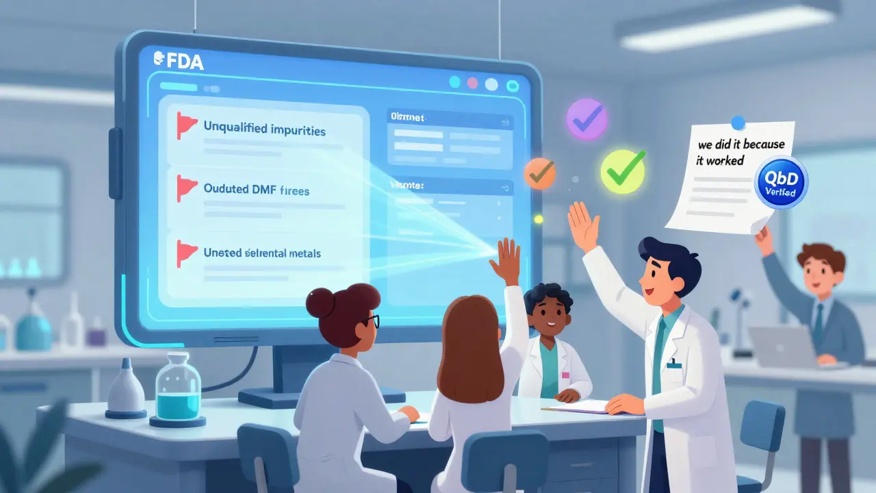 An AI system scans drug documents for errors as scientists celebrate with verified QbD badges in a modern lab.